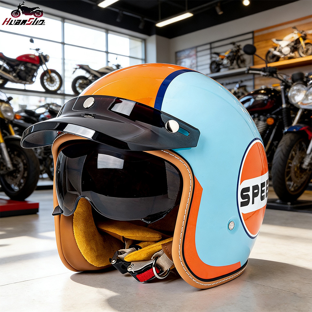 Vintage Motorcycle Helmet for Foreign Trade, 3/4 Helmet, Cross-Border Motorcycle/Electric Vehicle Half Helmet with Built-In Visor, 3C Dropshipping