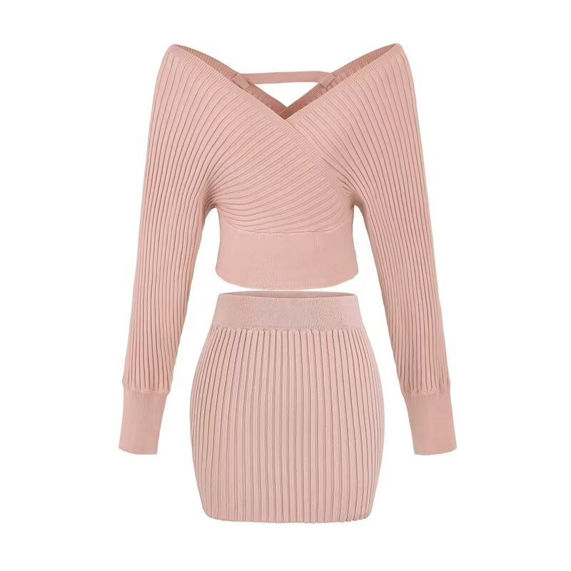 Korean One-Line Neckline Cross-Cutout Long-Sleeve Knit Pullover Sweater Retro Sexy Slim-Fit Bodycon Skirt Set
