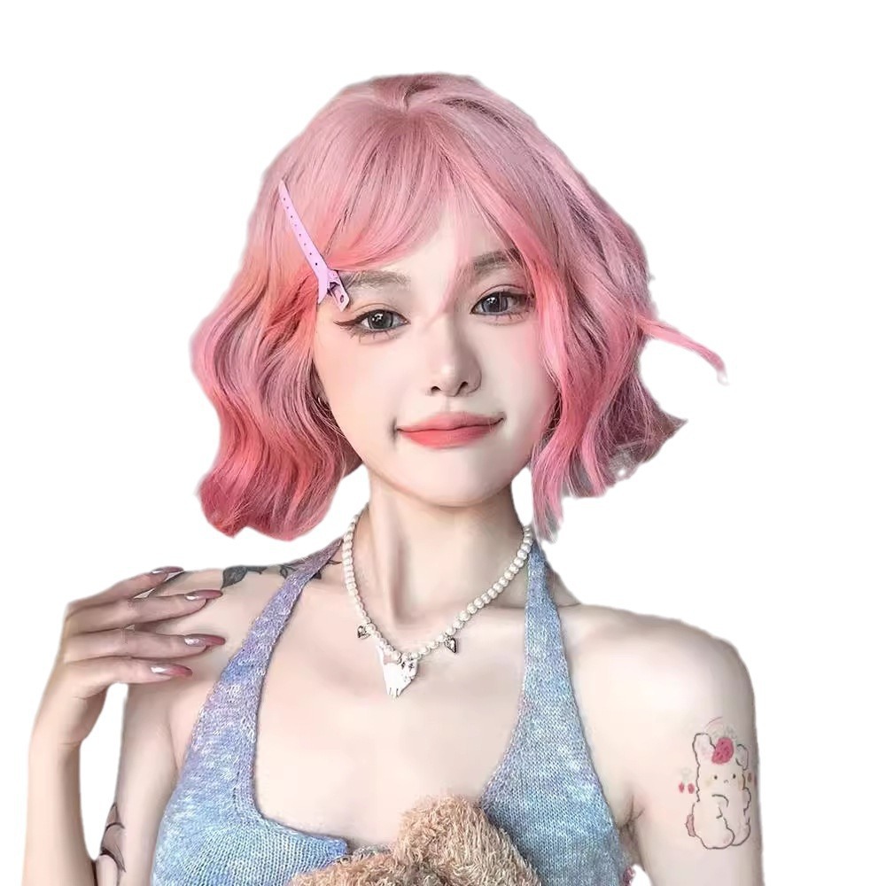 Peruca de cabello corto para mujeres naturales nuevos rollo de lana pelucas japonesas Lolita rosa pelucas para mujeres cubierta de cabeza completa