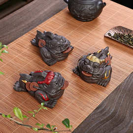 茶道三足金蟾真金描绘紫砂金蟾可养手工茶玩茶桌茶玩茶道配件