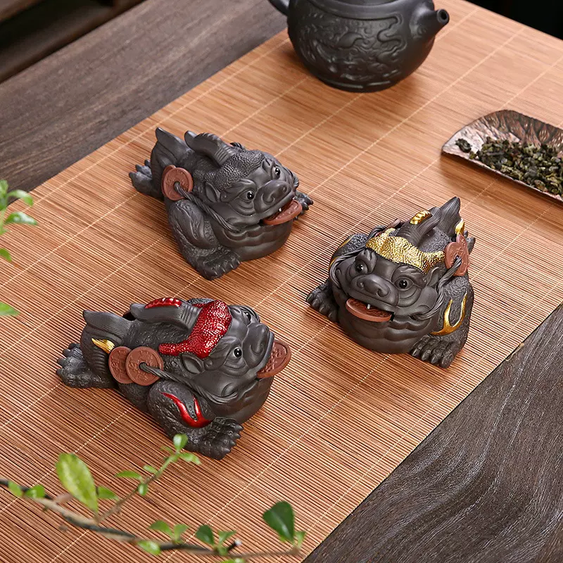 茶道三足金蟾真金描绘紫砂金蟾可养手工茶玩茶桌茶玩茶道配件