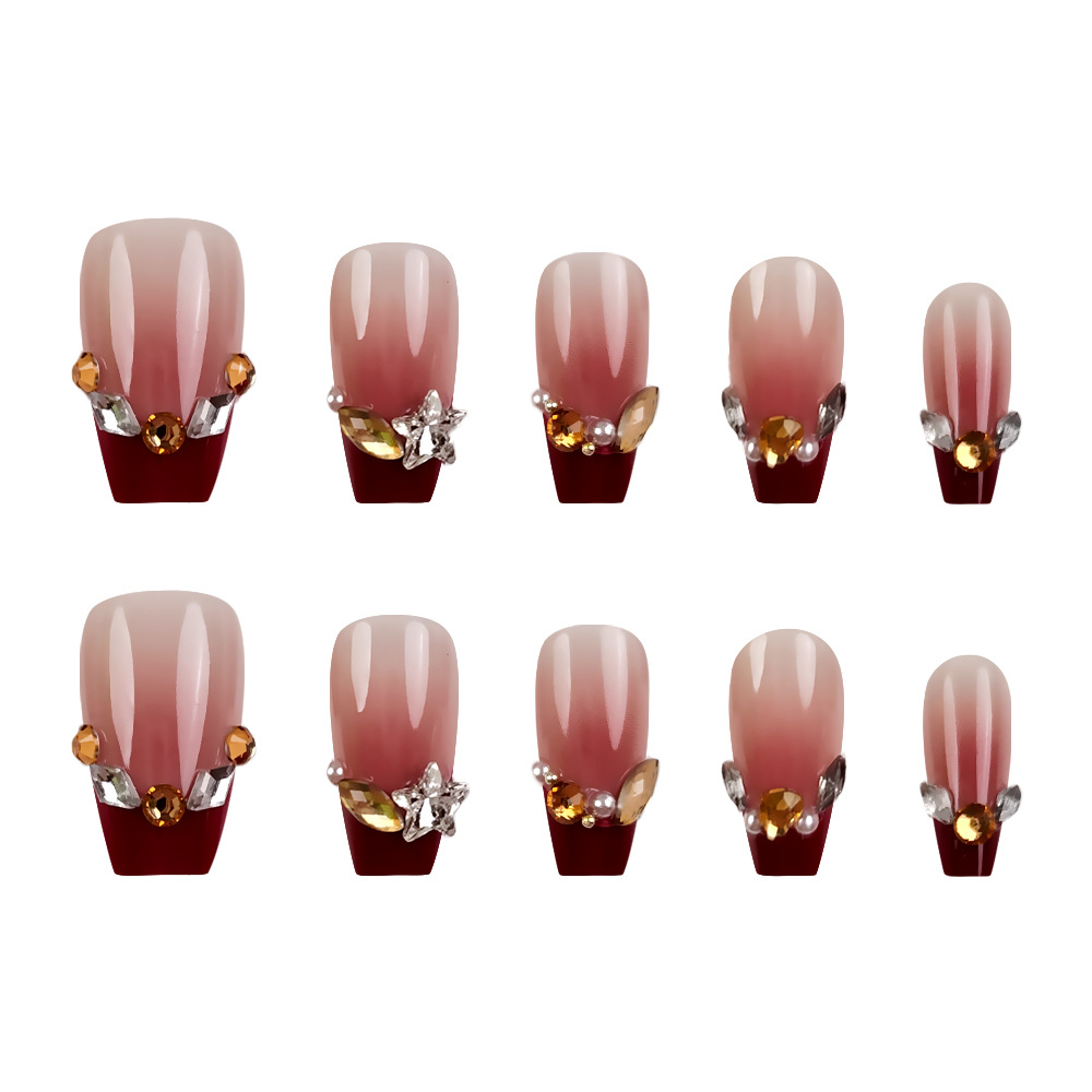 Polvo marrón gradiente de vino rojo de manicura francesa taladro de lujo ambiente ligero para usar un parche de uñas 24 piezas de parche de uñas