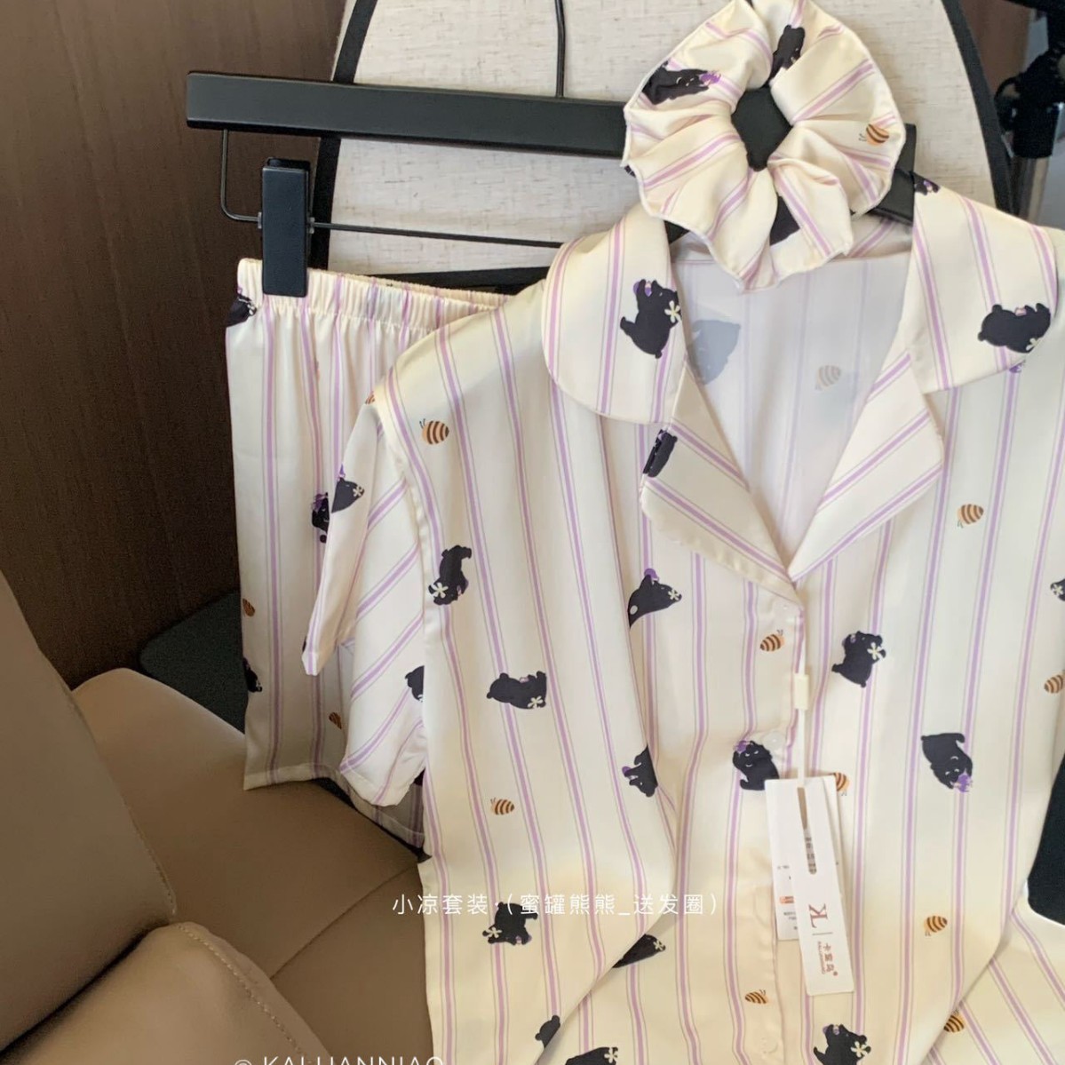 少女条纹卡通冰丝睡衣女开衫翻领发圈短袖短长裤可外穿家居服套装