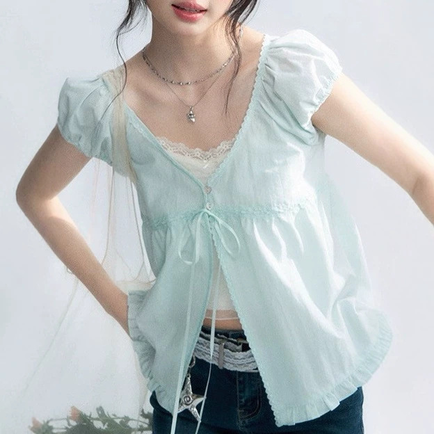 Horrid Map "Mint Morning Light" Lace-Trimmed Bow-Tie V-Neck Puff-Sleeve Cardigan Top Horrid Map "Mint Morning Light" Lace-Trimmed Bow-Tie V-Neck Puff-Sleeve Cardigan Top