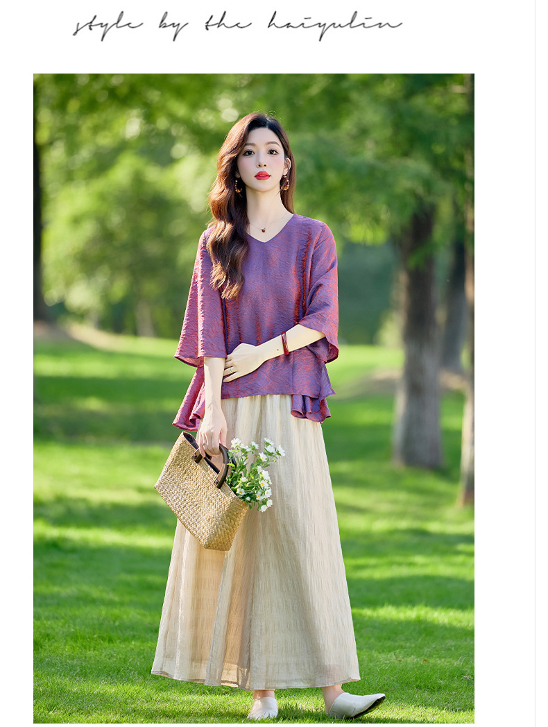 Bộ vest nữ hai mảnh gồm áo sơ mi cổ V và quần ống rộng dáng suông — Màu ảnh chi tiết 20