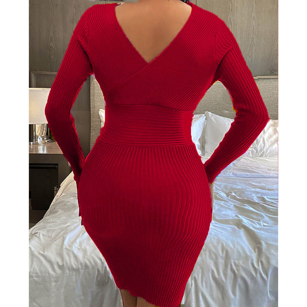 Deep V Long-Sleeved Threaded Tight Package Hip Dress NSBTY84870