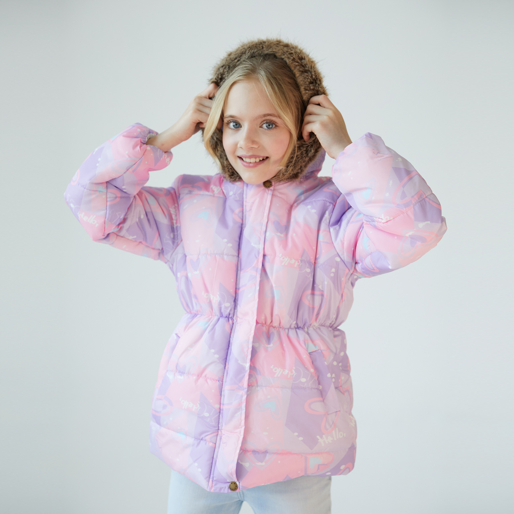 兒童秋冬夾棉防風保暖收腰款帶帽毛領棉衣歐美風卡通多色印花