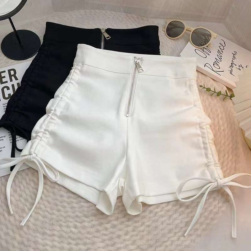 Hot Girl Black Shorts Plus Size Women's Fat Mm2025 Summer New Slim Drawstring High Waist Pleated Tight Hot Pants