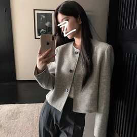 复古圆领小香风外套女春秋小个子高级感条纹宽松名媛千金短款上衣
