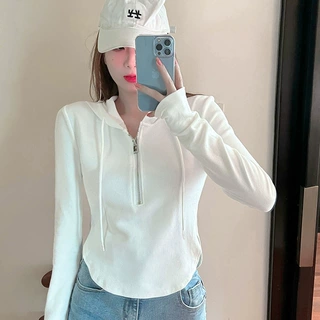 连帽卫衣长袖t恤女新款春秋薄款打底衫不规则设计感小众上衣外套