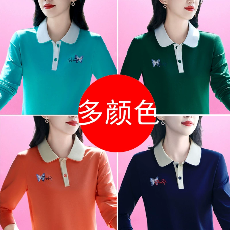 Трансграничный новый стиль раннего осеннего темперамента мама поло рубашка с длинными рукавами футболка женская одежда среднего возраста вышивка весенний топ