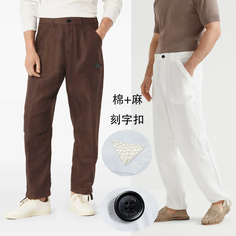 Men's Cotton-Linen Blend Trousers, 190g Fabric Weight, Medium Thickness, Crocodile Leather Label, Jogger-Style Trousers 28312 Men's Cotton-Linen Blend Trousers, 190g Fabric Weight, Medium Thickness, Crocodile Leather Label, Jogger-Style Trousers 28312