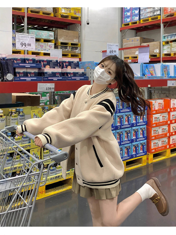 冬季外套羊羔毛棒球服女秋冬加绒加厚初中生羊羔绒2025新款爆款厚|undefined