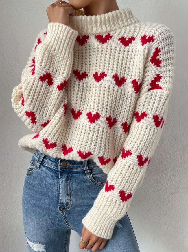 350g Weight Long Sleeve Sleeve Length Pullovers Placket Type Polyacrylonitrile Fiber Fabric Type Long Top Length Wholesale Women's Casual Preppy Style Heart Shape Long Sleeve Contrast Binding Sweaters & Cardigans