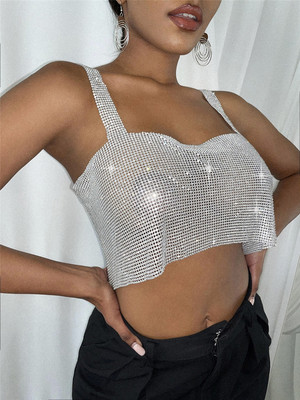 Women Nightclub bar jazz dance silver gold bling bra tops back split metal plate rhinestone chain strapless tube sexy hot pole belly dance top for lady 