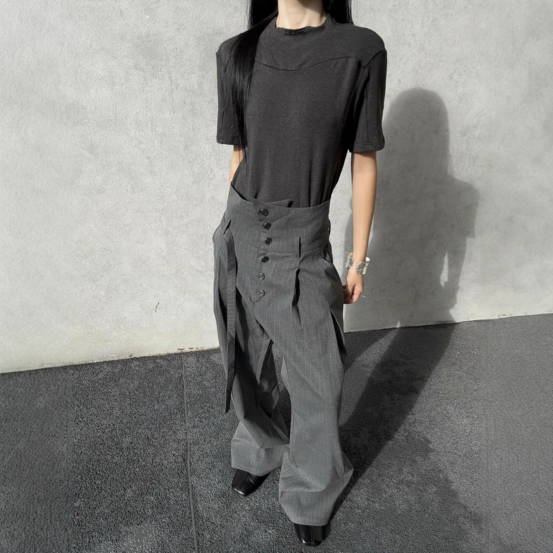Wide-Leg Trousers for Men and Women, Spring and Autumn Season, Pleated Embroidered Striped Pants, High-Waisted Kendo Style Slightly Flared Dress Pants