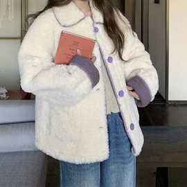 温柔蕾丝紫色拼接羊羔毛外套女2026秋冬季皮毛一体小香风绝美上衣