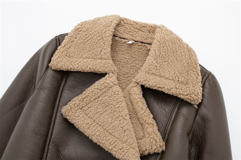 Vêtements pour femmes Automne et hiver veste de moto à revers double face pour femmes à la mode taille haute slim court haut à glissière de couleur contrastée_voghion.com