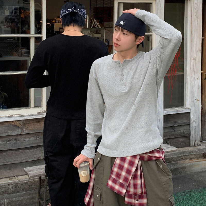 Myq Waffle Knit Henry Collar Long-Sleeve T-Shirt for Men, Autumn Slim-Fit Versatile Base Shirt, Korean Old Money Style Outfit