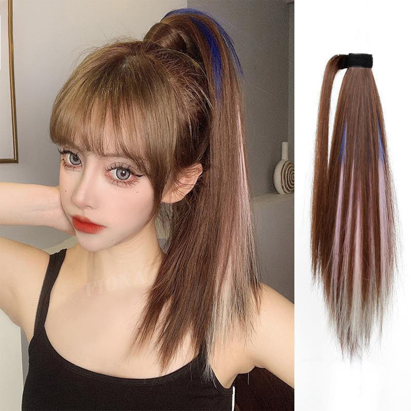 Ponytail Wig Women's Long Hair Velcro Wig Ponytail Internet Trendy Fashion Highlight Dye High Straight Hair Fake Ponytail Braid