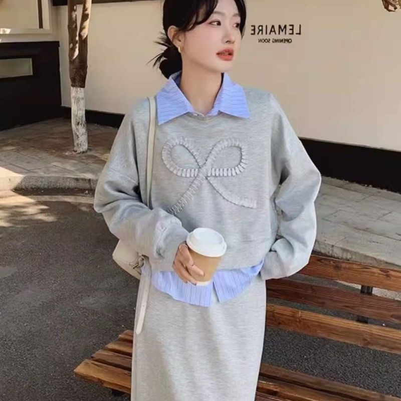 盐系穿搭三件套装条纹衬衫卫衣连衣裙通勤时尚女减龄春秋长裙子|undefined