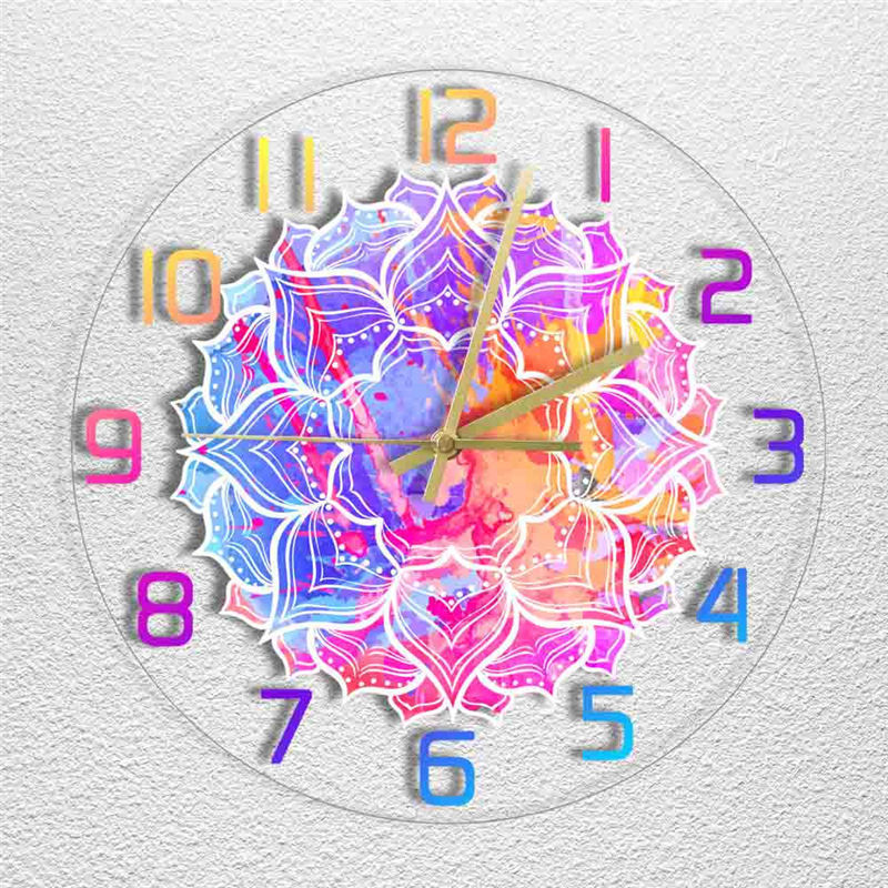 LED Light Transparent Wall Clock White Lotus Printed Peace Zen Color Clock Yoga Studio Decorative Wall Clock