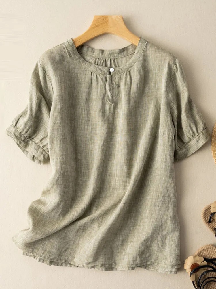 Women's Summer Casual Cotton-Linen Short-Sleeved T-Shirt In A Solid Color, Versatile And Comfortable To Wear; Features A_ecoleips.com