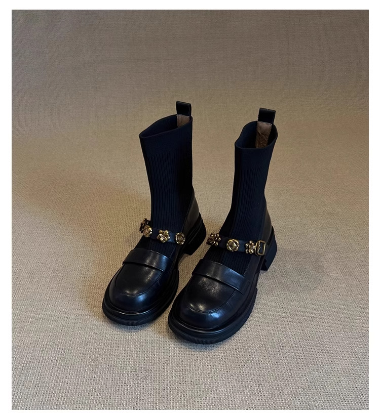 Stivaletti in maglia elasticizzata con tacco grosso – Stivaletti retrò da infilare con cinturino con fibbia e plateau spesso per donna_voghion.com