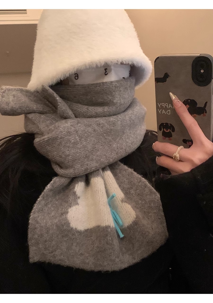 Winter 2024 New Warm Knitted Female Cute Rabbit Bow Leisure Outdoor Windproof and Cold resistant Scarf_voghion.com