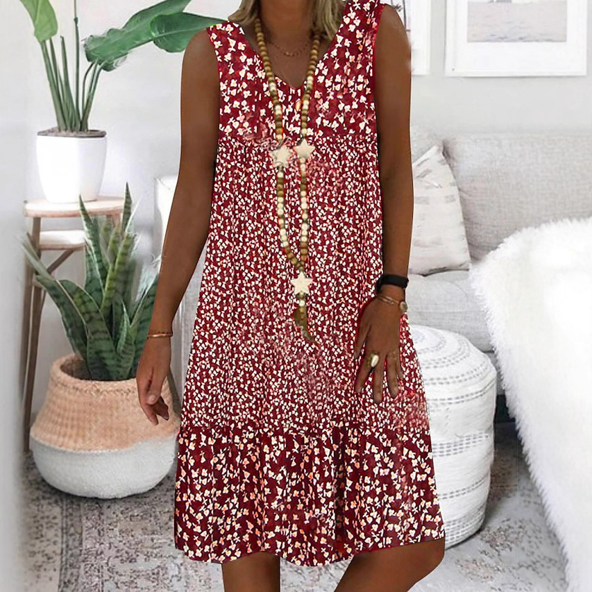 Amazon Cross-Border 2026 Summer New European and American Style Women's V-Neck Floral Print Sleeveless Dress