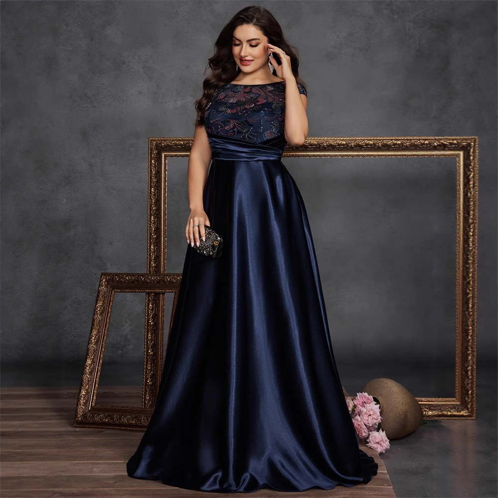European and American Plus Size Elegant Sequin Splicing Round Neck Sleeveless Embroidered Large A-Hem Fashionable Formal Dinner Ball Dress