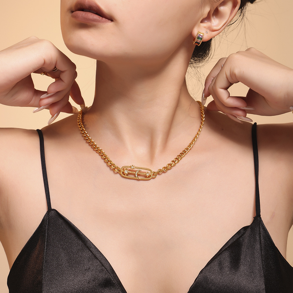 Square Sugar Jewelry Ins Style 316L Star Moon Lightning Titanium Steel Necklace Bracelet Combination PVD Electroplating Color Preservation_voghion.com