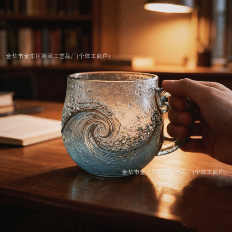 跨境新品Handcrafted Ocean Wave Glass Mug 海浪咖啡杯马克杯|undefined