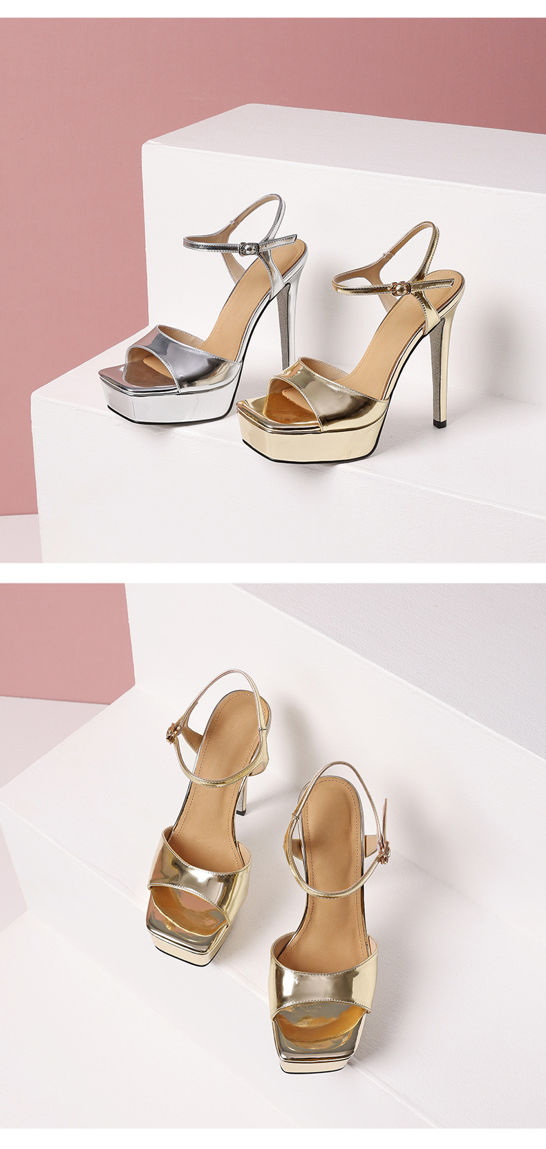 Sandal nữ cao gót hở mũi phong cách Âu Mỹ, gót nhọn 13 cm, đế platform, màu bạc — Màu vàng chi tiết 5