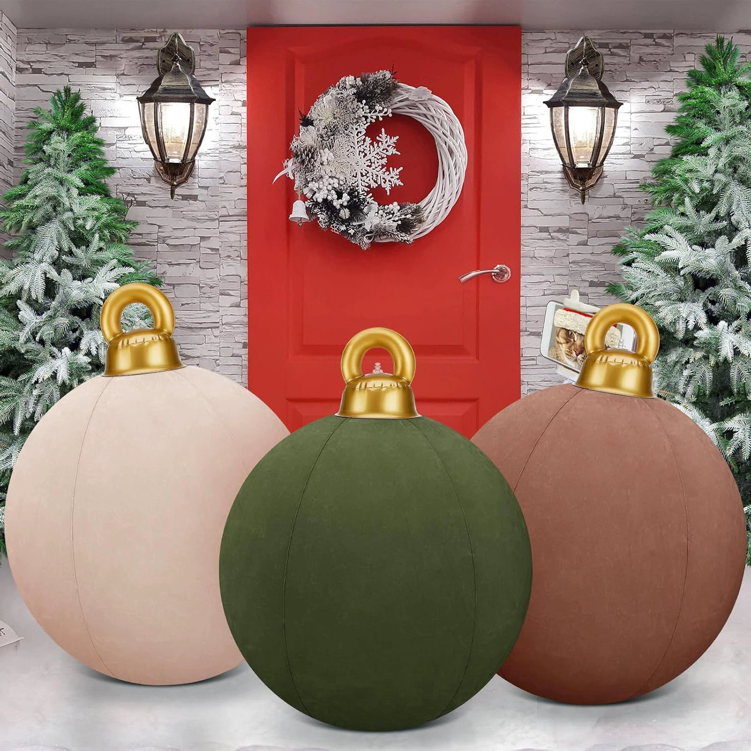 Новогодние уличные украшения для мероприятий на открытом воздухе, композиция из ПВХ-надувных флокированных елочных шаров для оформления двора