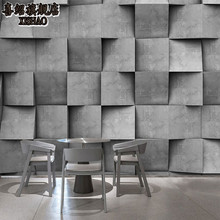 3D立体灰色格子水泥砖石纹墙纸电视背景墙餐厅酒吧网咖工业风壁画