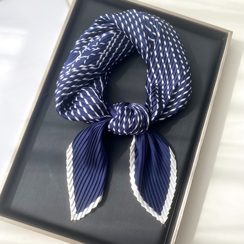 Spring and Autumn New Simple Pleated Small Square Scarf Chic Style Cross-Border Black and White Striped Ironed Simulated Silk Scarf Headband for Women
