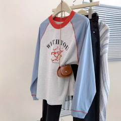 純綿コントラストカラーラグラン長袖 Tシャツ女性のための 2025 初春の新作春と秋の緩い怠惰なスタイルのボトリングシャツトップ