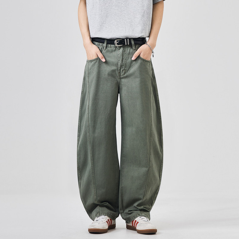 American-Style Army Green Wide-Leg Jeans for Men, New Spring High-Street Fashion Brand Loose-Fitting Curved Pants Casual Long Pants