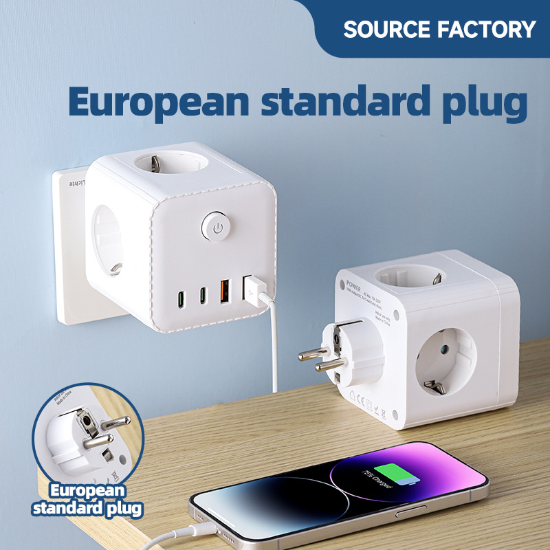 European Standard USB Cube Socket With Night Light/time Display/converter, Compact Multi-functional Power Strip For Home_voghion.com
