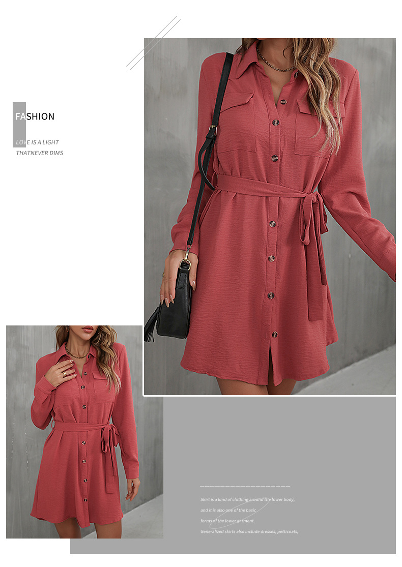 Rochie cămașă dama cu cordon în talie și guler pentru toamnă_voghion.com