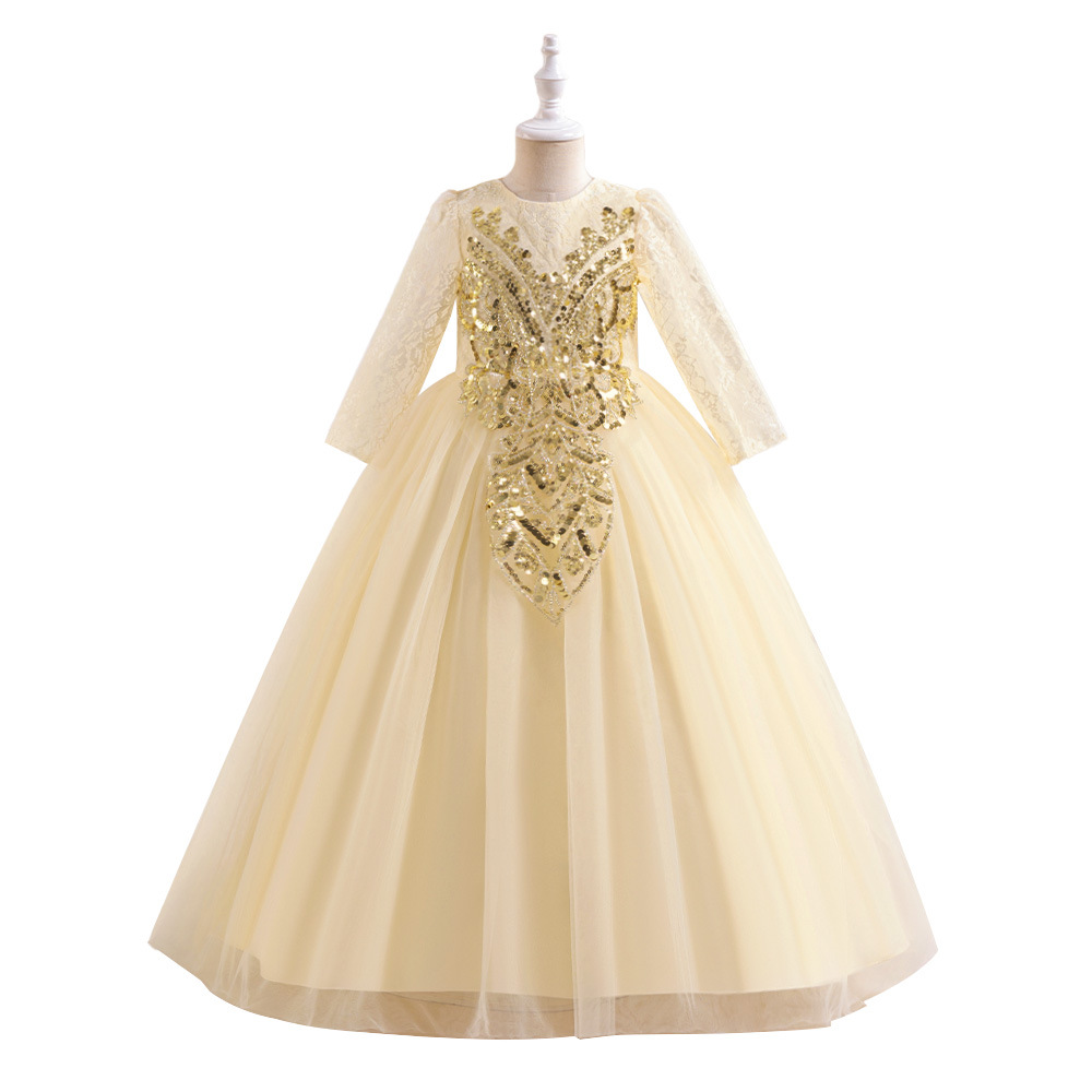 Amazon nuevo vestido de niños de tamaño medio vestido de princesa cuentas bordadas tela tela tela tela de malla vestido de noche de manga larga vestido de desfile