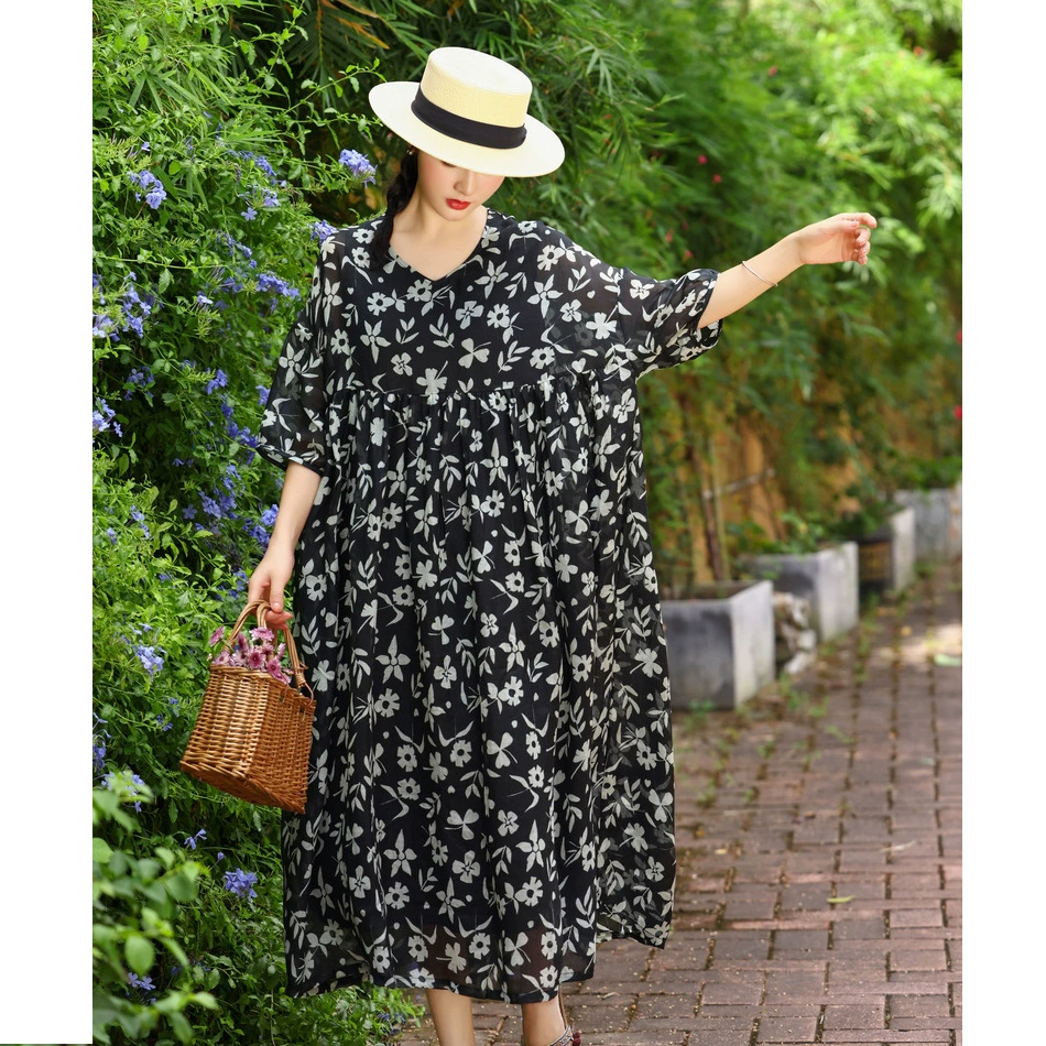 2024 весна и лето новый 100 чистых рами романтический цветочный принт