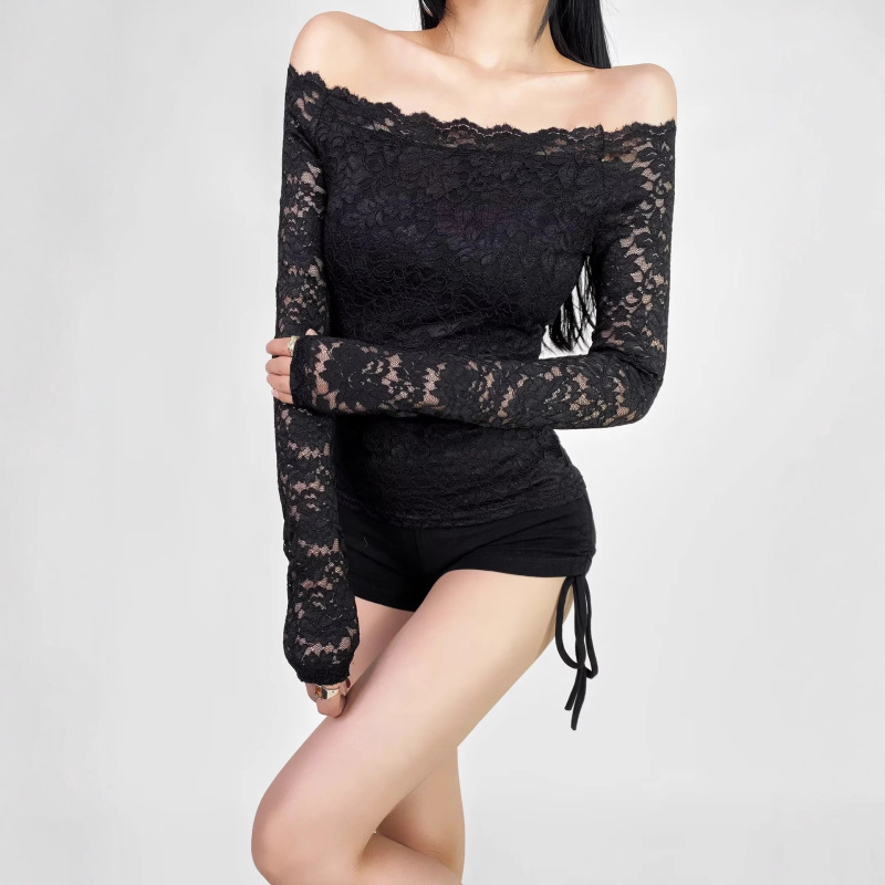Elegant Off-Shoulder Black One-Shoulder Lace Top for Women in Autum, Sexy Waist-Cinching Inner Wear, Chic Small Shirt, Long-Sleeved T-Shirt