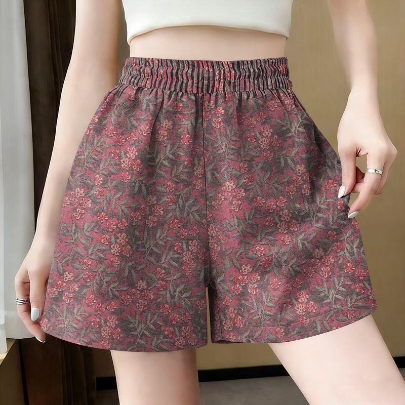 Thin Summer Printed Shorts, Fashionable Slimming Shorts, Large Size Elastic Waist Casual Outerwear, Versatile Wide-Leg Casual Pants