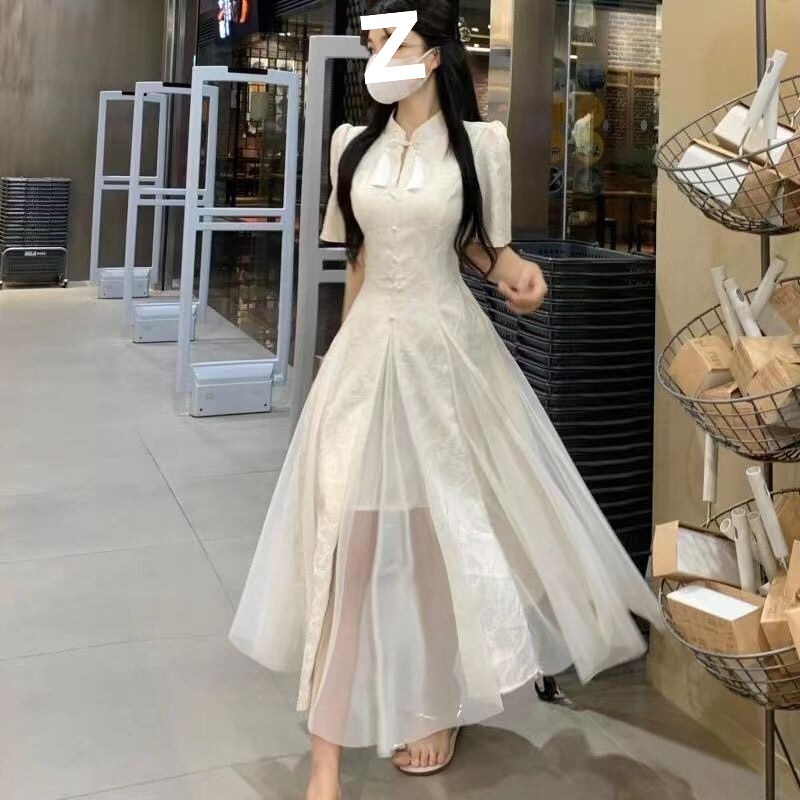 中式国风网纱旗袍连衣裙改良轻熟夏季复古风设计蓬蓬气质长裙|undefined