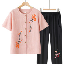 中老年女装夏季妈妈装两件套老太太休闲短袖套装奶奶凉爽开衫上衣