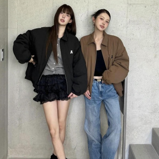 Korean Restandrecreation Embroidered Rr Lapel Quilted Jacket Loose Cotton Jacket Women's Baseball Uniform