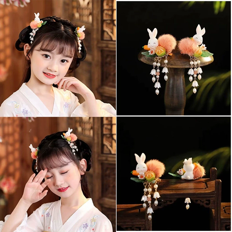 Головной убор Hanfu, детский антикварный Милый Шарик из кроличьей шерсти, шпилька, костюм Тан, Изысканный Сладкий спектакль, Нефритовый кролик, аксессуары для древних волос