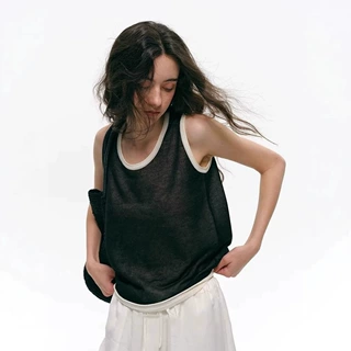 日系复古撞色假两件U领吊带背心夏季宽松薄款无袖遮副乳针织上衣